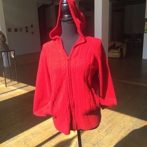 Red wool blend knit zip up with hood EUC